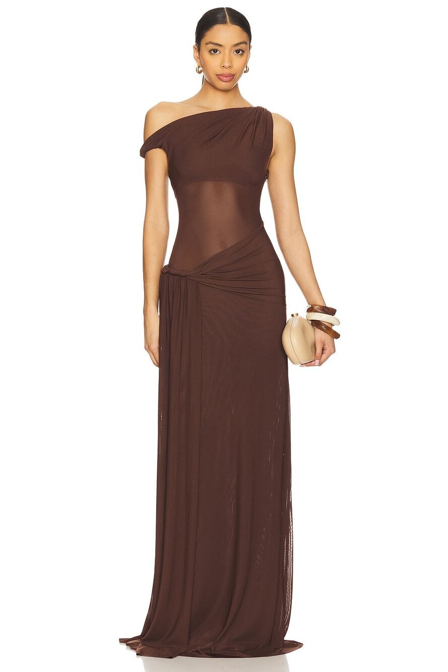 Misha Sisal Espresso Goddess Ethereal Mesh Stretch Elegant Maxi $440 NWT M